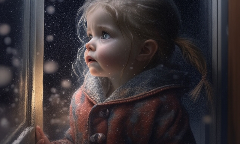 A little girl is frozen, it's night outside, it's snowing