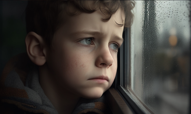 Sad boy looks out the window