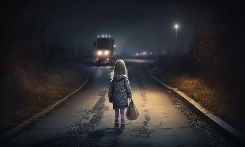 Little girl on the night road