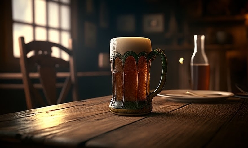 A mug of beer stands on a table in a pub