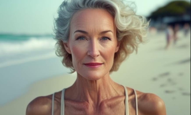 Beautiful elderly woman on the beach
