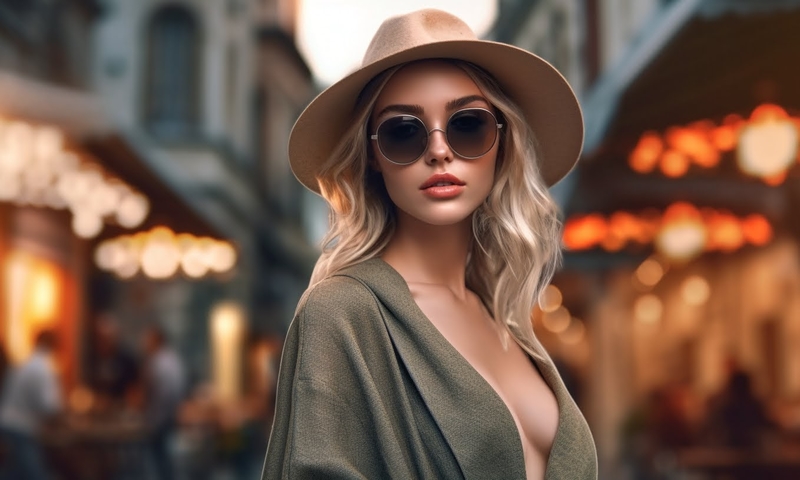 Beautiful girl in a hat and glasses on the street