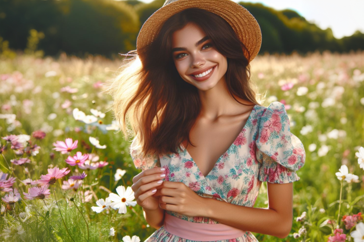 Happy beautiful girl in hat and dress